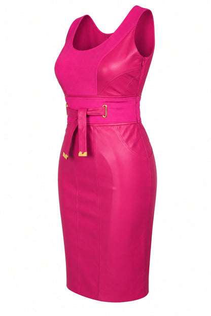 Versace Fuchsia Leather and Knit Belted Sheath Dress