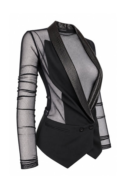 Pinko Black Sheer Mesh Tuxedo Blazer with Snake-Effect Lapels