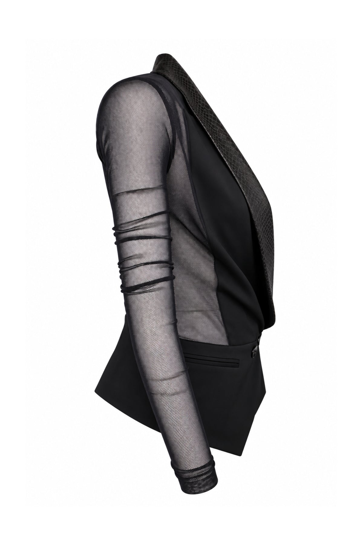 Pinko Black Sheer Mesh Tuxedo Blazer with Snake-Effect Lapels