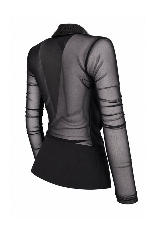 Pinko Black Sheer Mesh Tuxedo Blazer with Snake-Effect Lapels