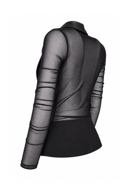 Pinko Black Sheer Mesh Tuxedo Blazer with Snake-Effect Lapels