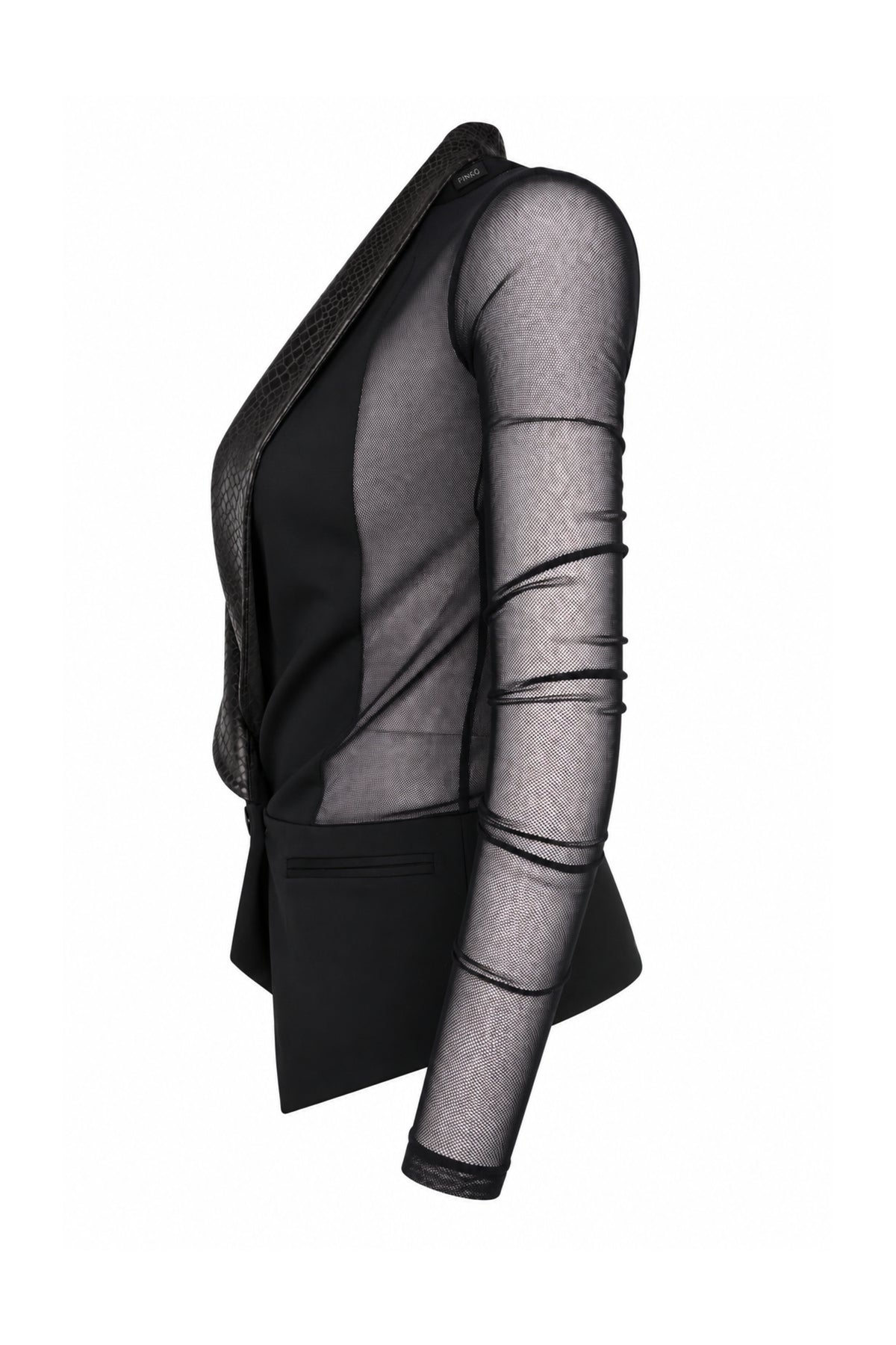 Pinko Black Sheer Mesh Tuxedo Blazer with Snake-Effect Lapels