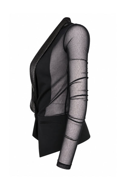 Pinko Black Sheer Mesh Tuxedo Blazer with Snake-Effect Lapels