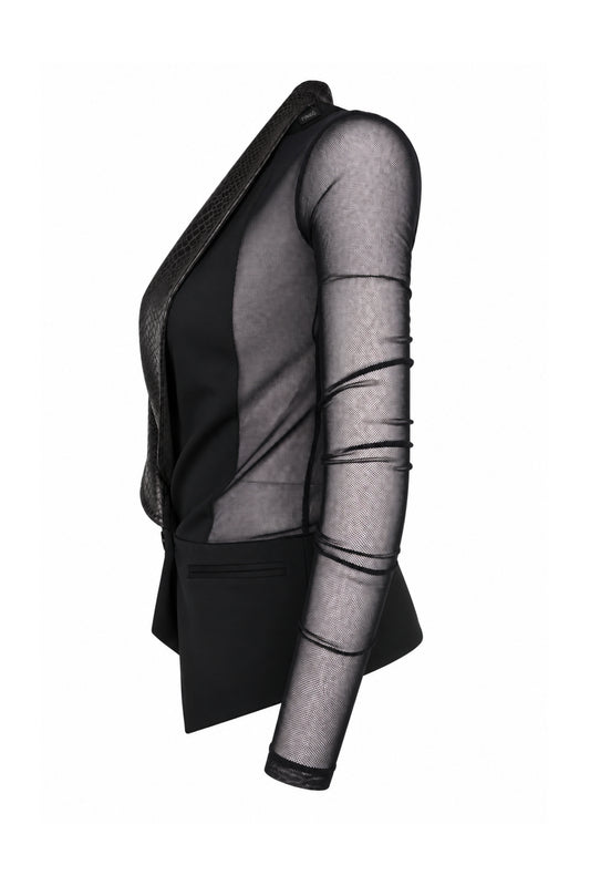 Pinko Black Sheer Mesh Tuxedo Blazer with Snake-Effect Lapels
