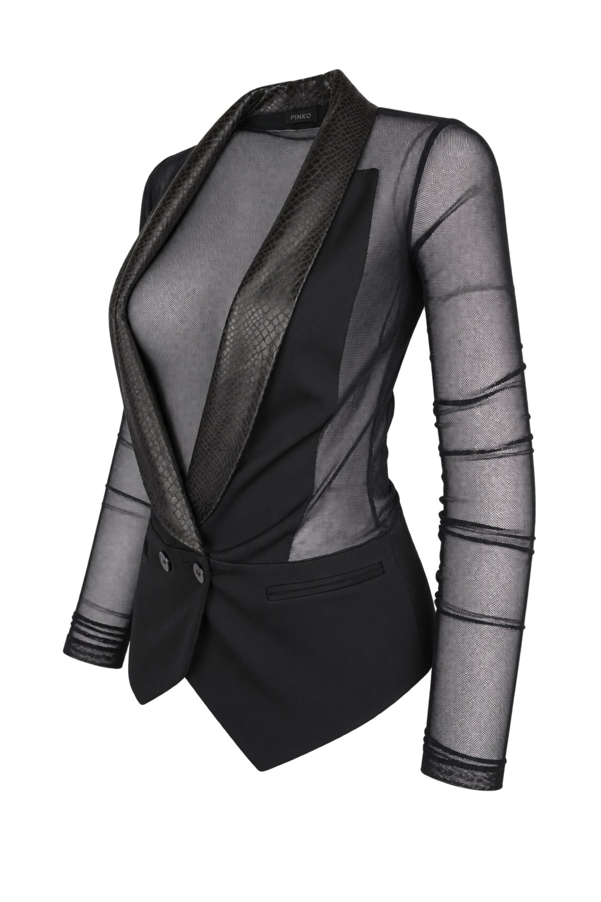 Pinko Black Sheer Mesh Tuxedo Blazer with Snake-Effect Lapels