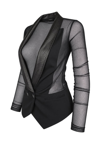 Pinko Black Sheer Mesh Tuxedo Blazer with Snake-Effect Lapels