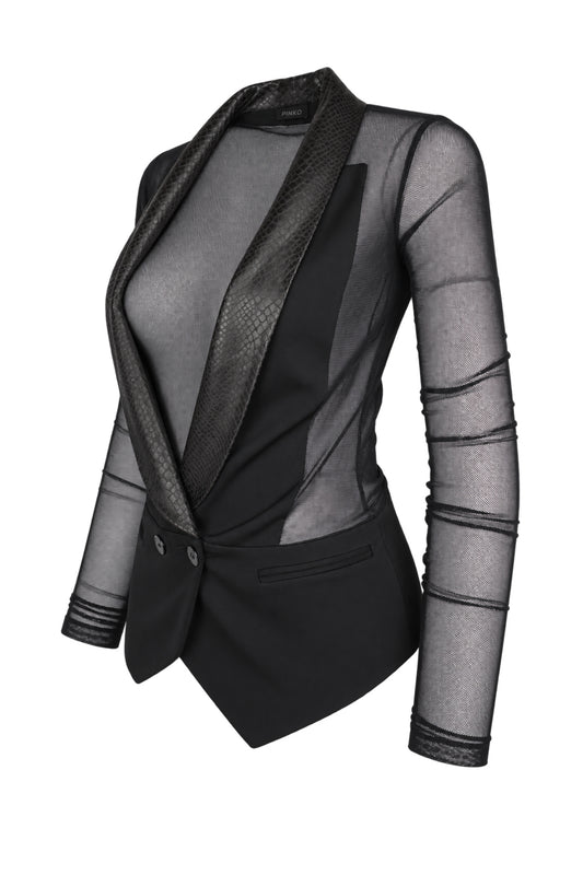 Pinko Black Sheer Mesh Tuxedo Blazer with Snake-Effect Lapels