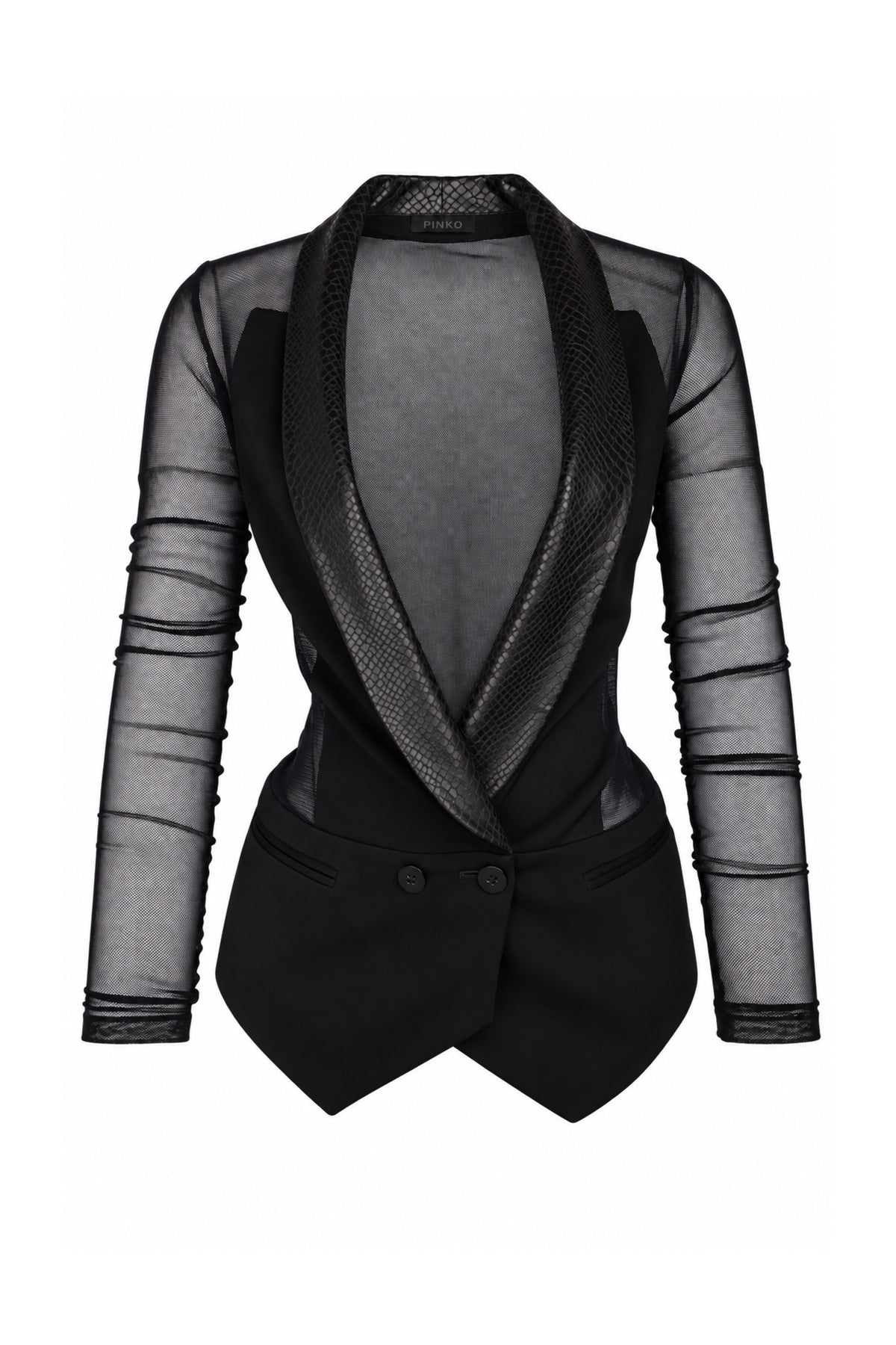 Pinko Black Sheer Mesh Tuxedo Blazer with Snake-Effect Lapels