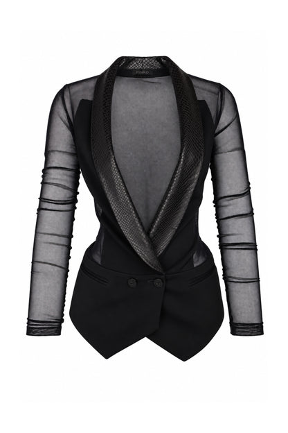 Pinko Black Sheer Mesh Tuxedo Blazer with Snake-Effect Lapels