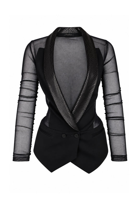 Pinko Black Sheer Mesh Tuxedo Blazer with Snake-Effect Lapels