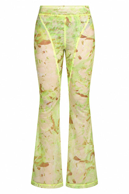 Khela Green Printed Sheer Mesh Flared Trousers