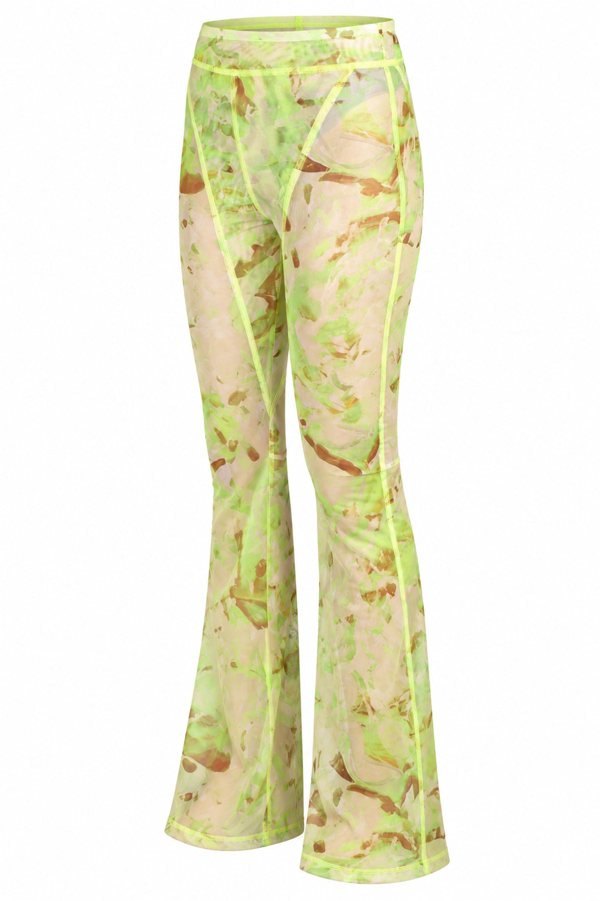 Khela Green Printed Sheer Mesh Flared Trousers