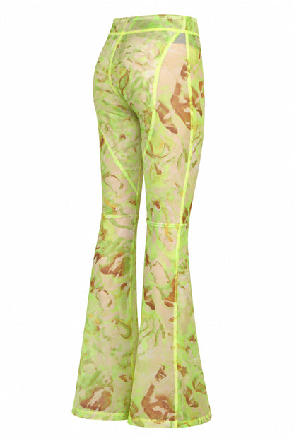 Khela Green Printed Sheer Mesh Flared Trousers