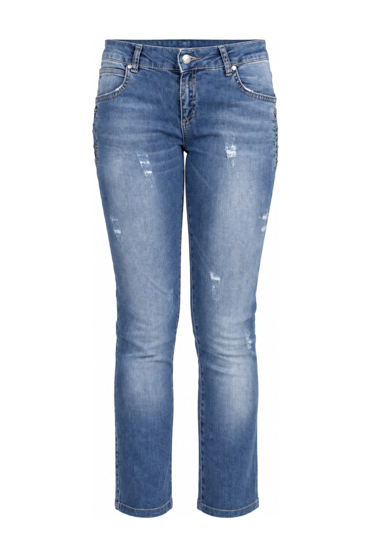 Mid Blue Embroidered Slim Straight Jeans