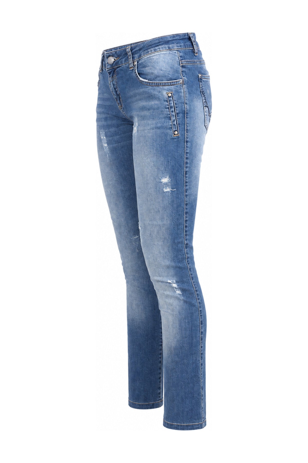 Mid Blue Embroidered Slim Straight Jeans