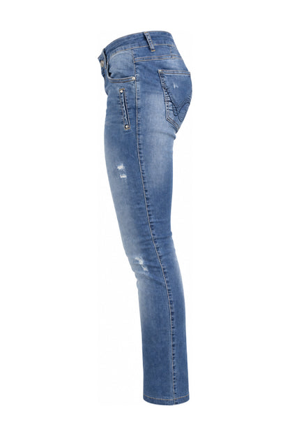 Mid Blue Embroidered Slim Straight Jeans
