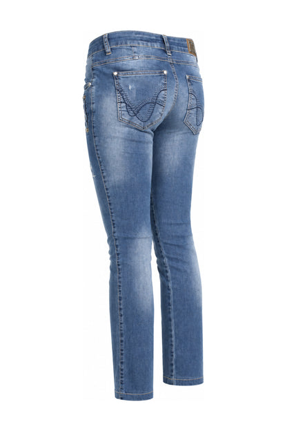 Mid Blue Embroidered Slim Straight Jeans