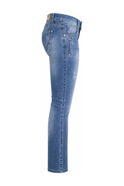 Mid Blue Embroidered Slim Straight Jeans