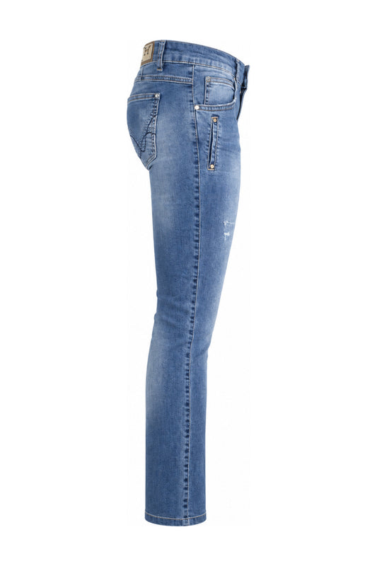Mid Blue Embroidered Slim Straight Jeans