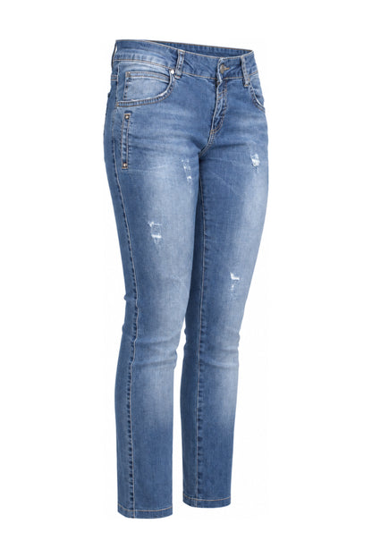 Mid Blue Embroidered Slim Straight Jeans
