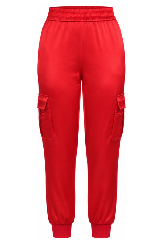 Alice + Olivia Red Satin Cargo Jogger Trousers