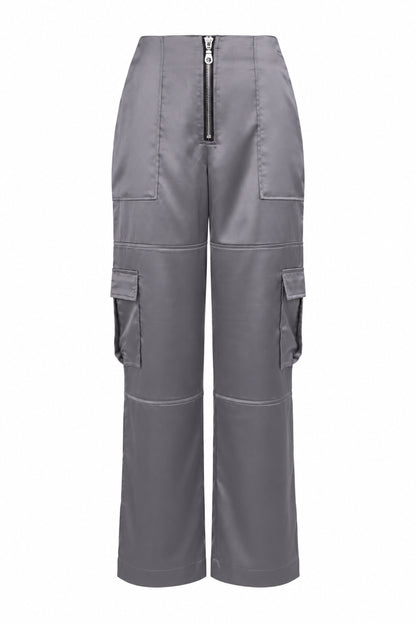 The Ragged Priest Grey Satin Cargo Trousers