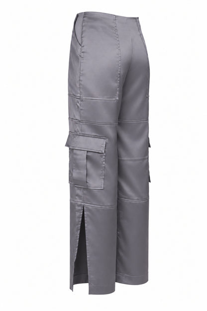 The Ragged Priest Grey Satin Cargo Trousers
