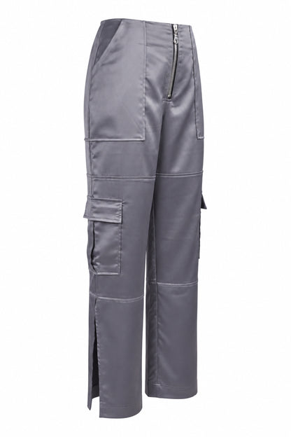The Ragged Priest Grey Satin Cargo Trousers
