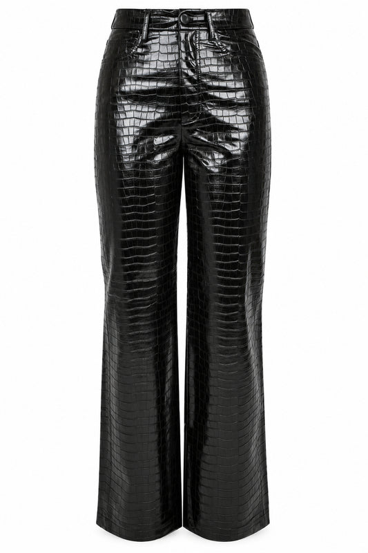 Rotate Black Croc-Embossed High-Shine Straight Trousers