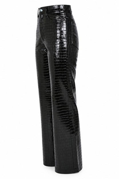 Rotate Black Croc-Embossed High-Shine Straight Trousers