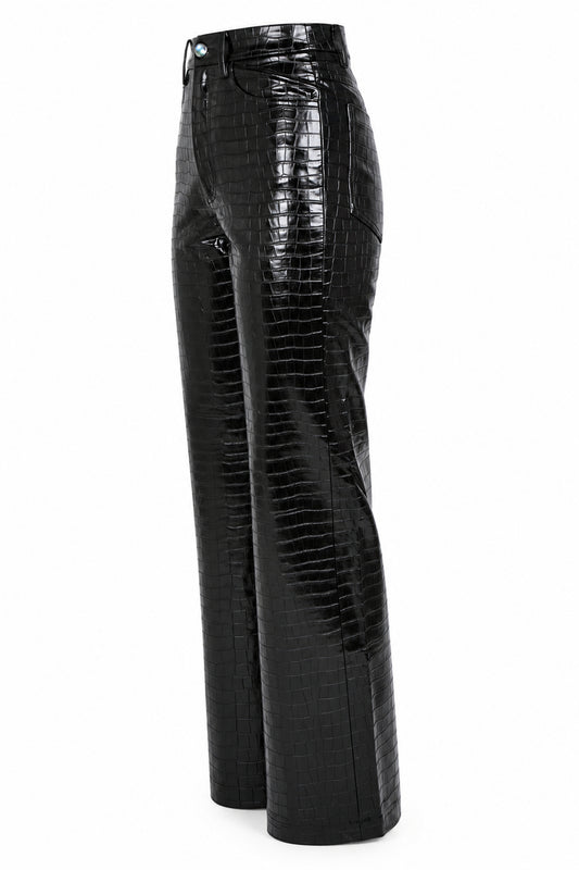 Rotate Black Croc-Embossed High-Shine Straight Trousers