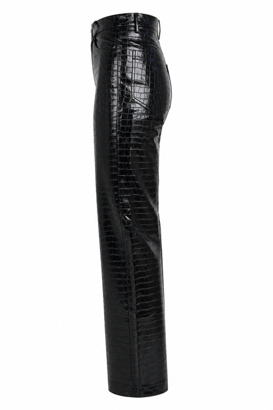 Rotate Black Croc-Embossed High-Shine Straight Trousers