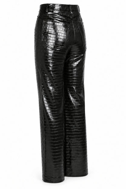 Rotate Black Croc-Embossed High-Shine Straight Trousers