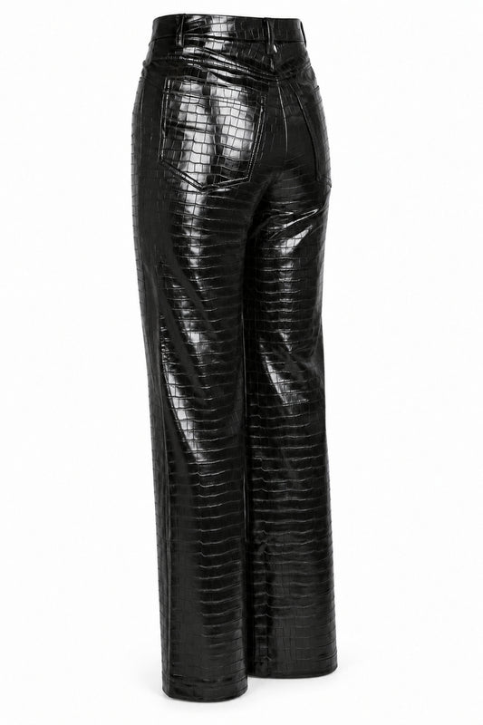 Rotate Black Croc-Embossed High-Shine Straight Trousers