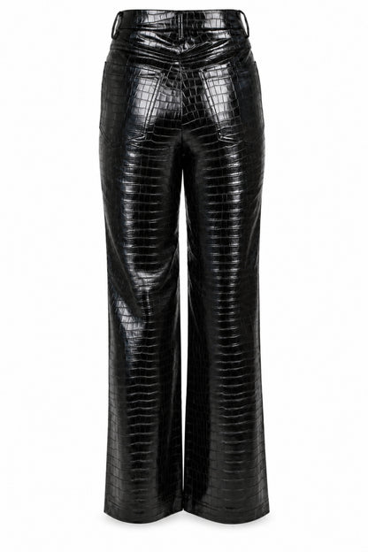 Rotate Black Croc-Embossed High-Shine Straight Trousers