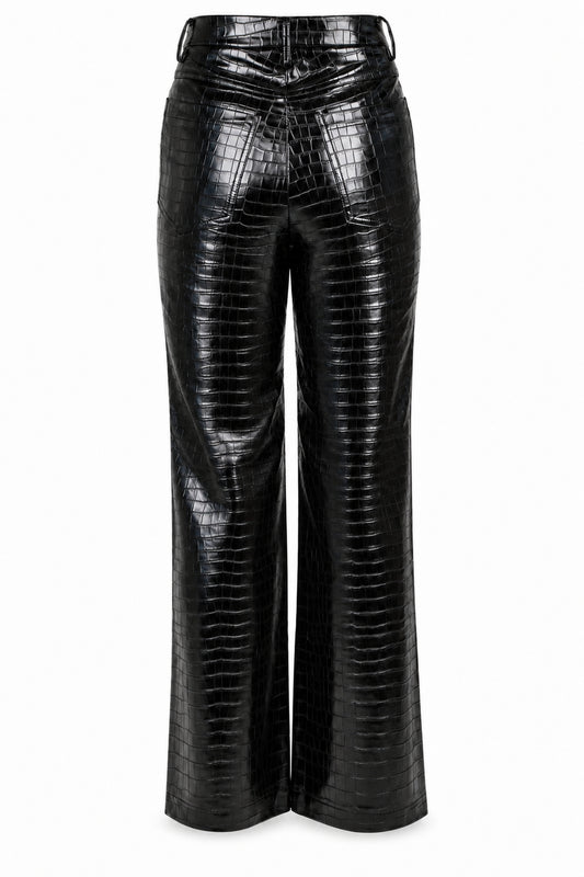 Rotate Black Croc-Embossed High-Shine Straight Trousers