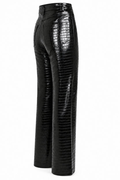 Rotate Black Croc-Embossed High-Shine Straight Trousers