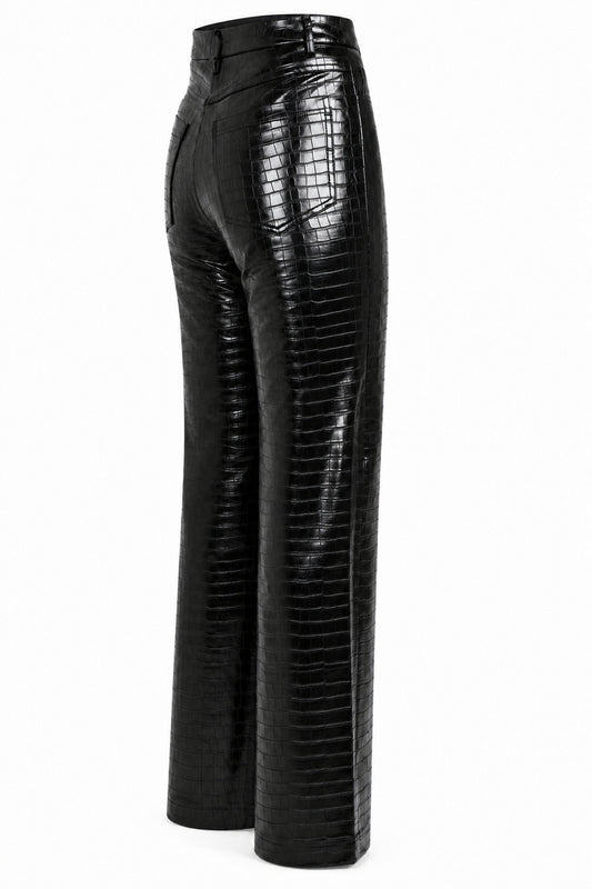 Rotate Black Croc-Embossed High-Shine Straight Trousers