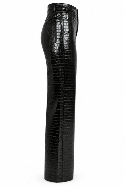 Rotate Black Croc-Embossed High-Shine Straight Trousers