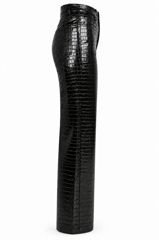 Rotate Black Croc-Embossed High-Shine Straight Trousers