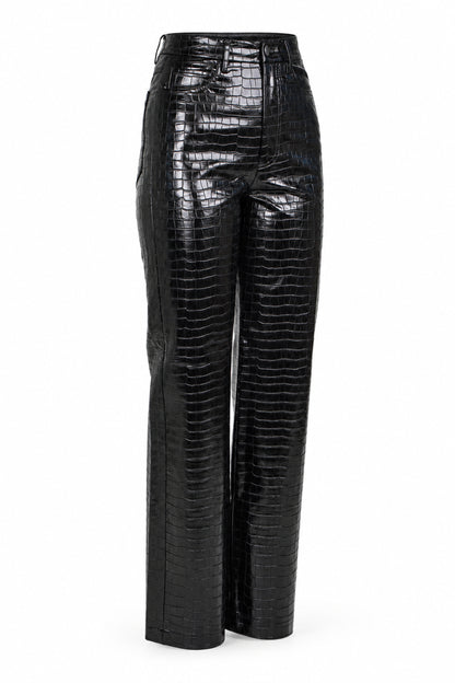 Rotate Black Croc-Embossed High-Shine Straight Trousers