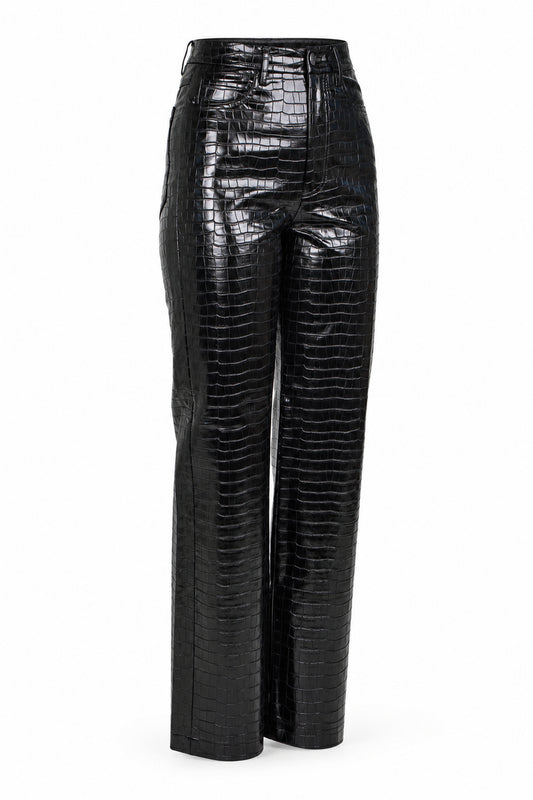 Rotate Black Croc-Embossed High-Shine Straight Trousers