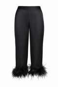 Black Satin Feather-Trim Cropped Trousers