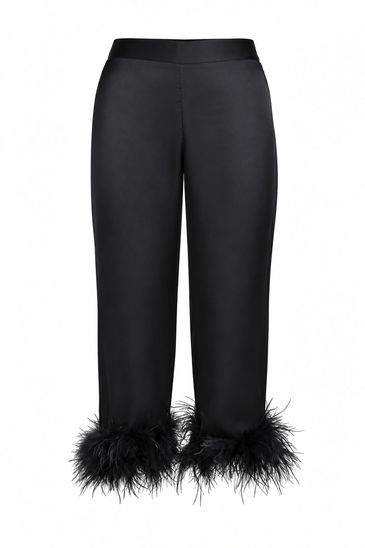 Black Satin Feather-Trim Cropped Trousers