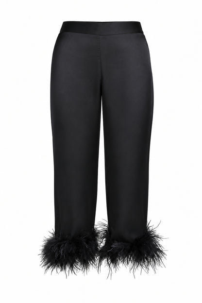 Black Satin Feather-Trim Cropped Trousers