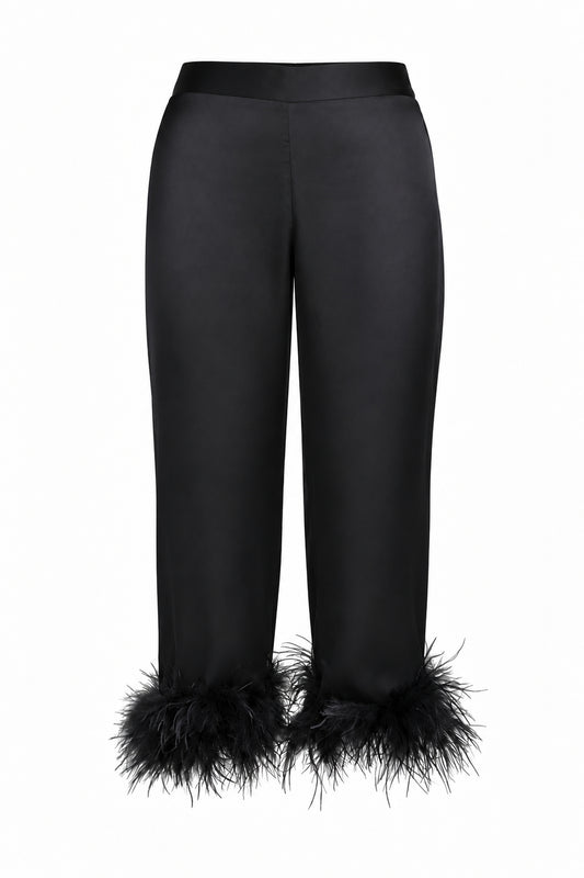Black Satin Feather-Trim Cropped Trousers