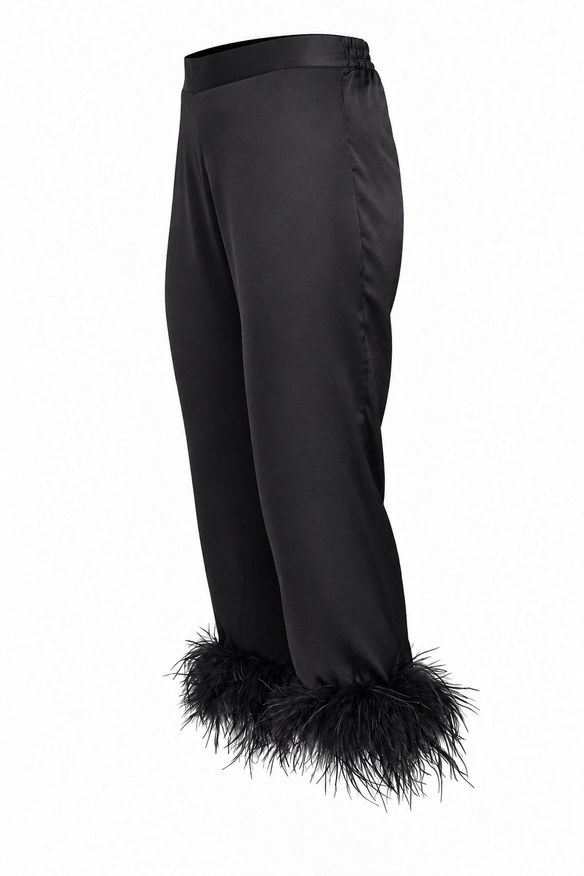 Black Satin Feather-Trim Cropped Trousers