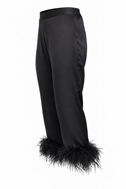 Black Satin Feather-Trim Cropped Trousers