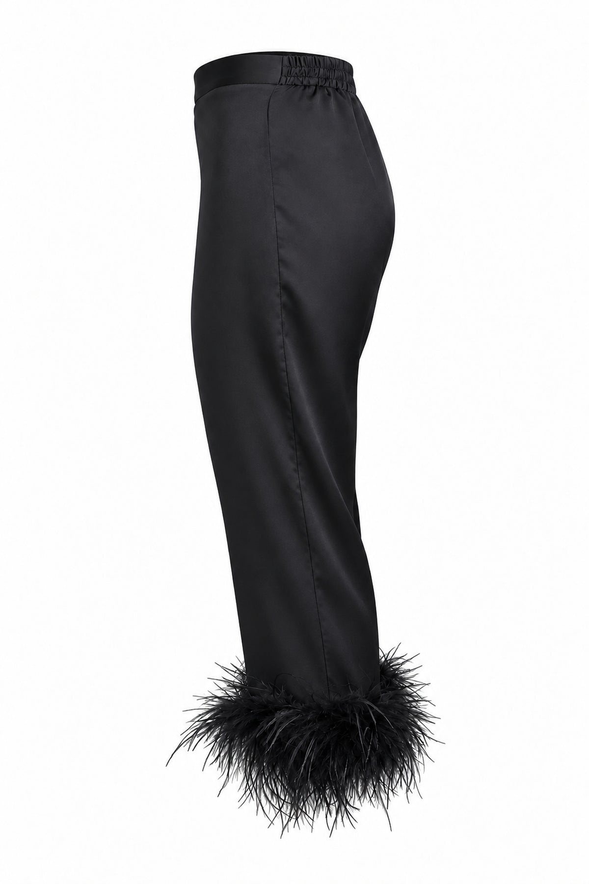 Black Satin Feather-Trim Cropped Trousers