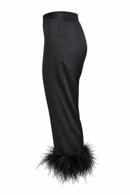Black Satin Feather-Trim Cropped Trousers